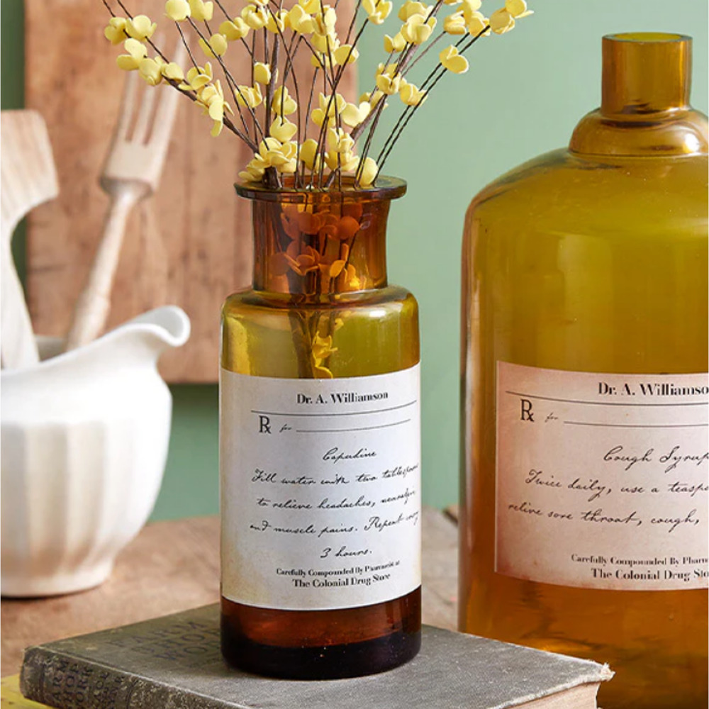 Antique-Inspired Apothecary Amber Glass Bottle Jar 7" x 3" Handwritten Label